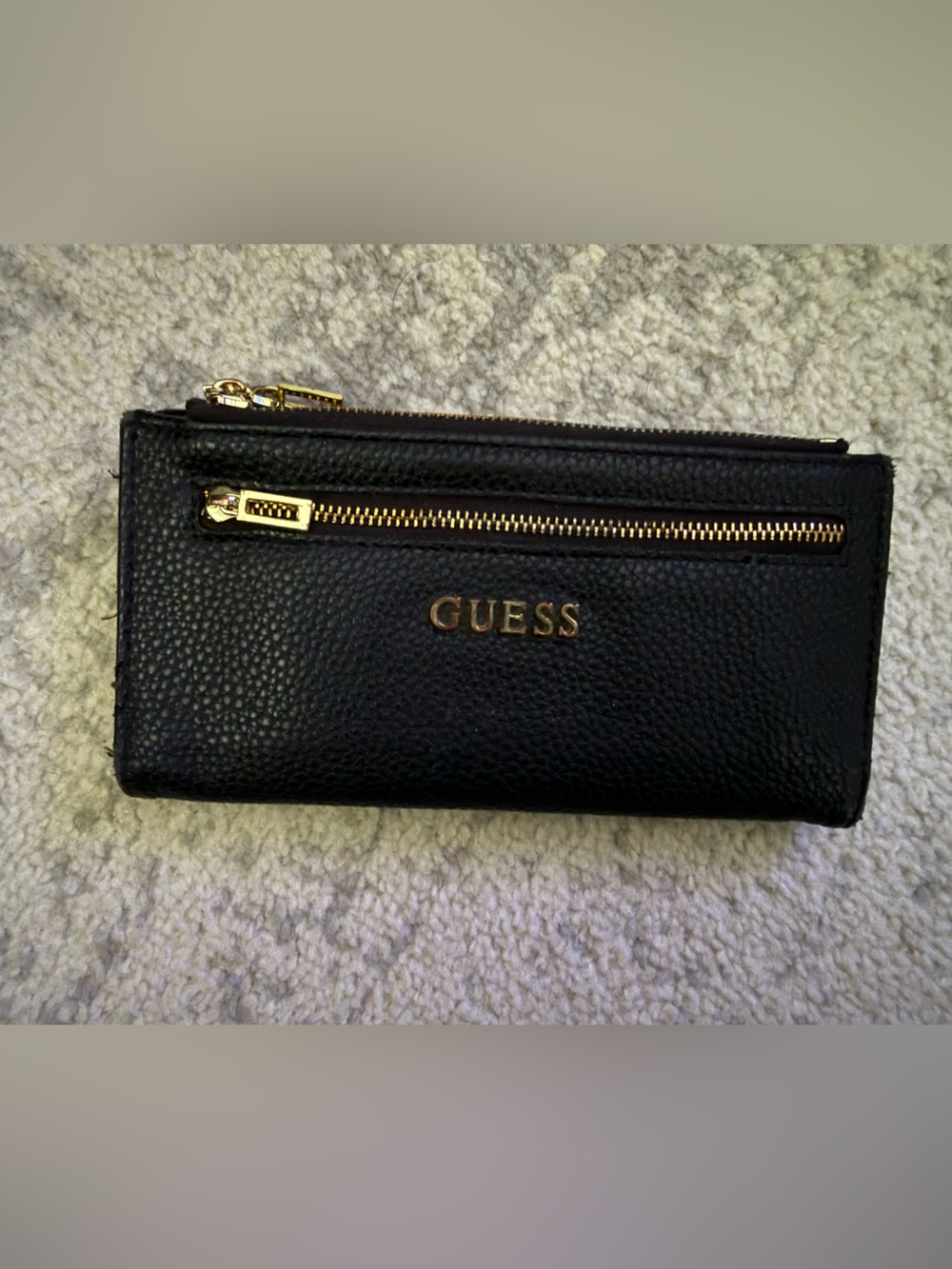 Guess Black Pebbled Zip Wallet with Gold Hardware